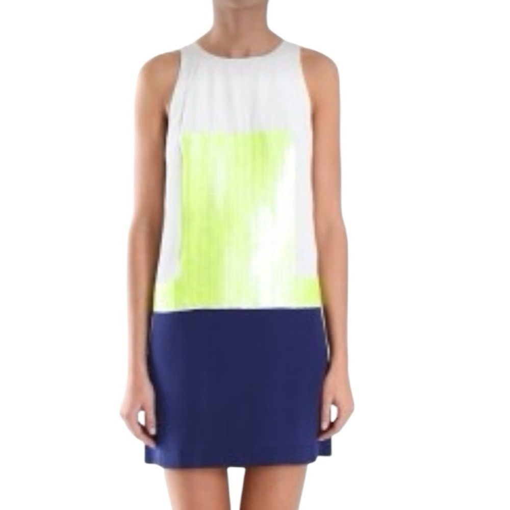 TIBI Silk Ivory/Navy Dress Sz 2 Sleeveless Silk Paillettes Mod Color Block $525